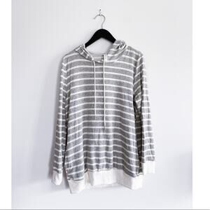 Grey and White Striped Fleece Pullover Hoodie Large New